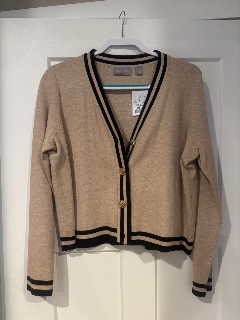 Cyrus Beige Cardigan with Black Trim and Gold Buttons